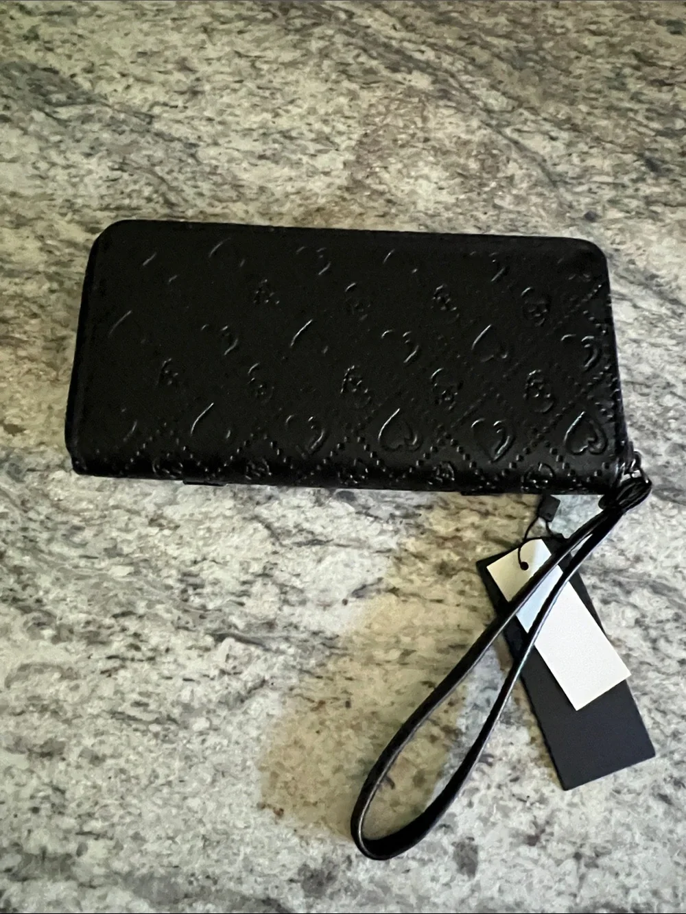 Ed Hardy Black Embossed Heart Zip-Around Wristlet Wallet NWT